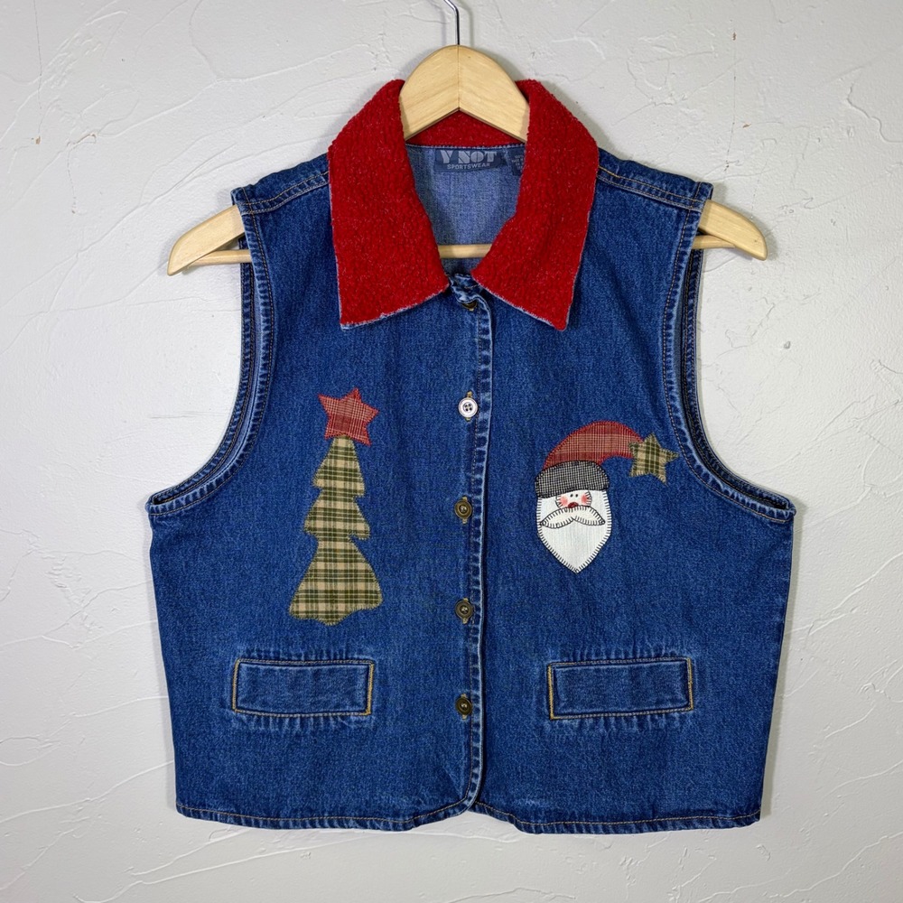 Vintage Denim Vest Womens Small Christmas Santa Tree Red Fleece Colla